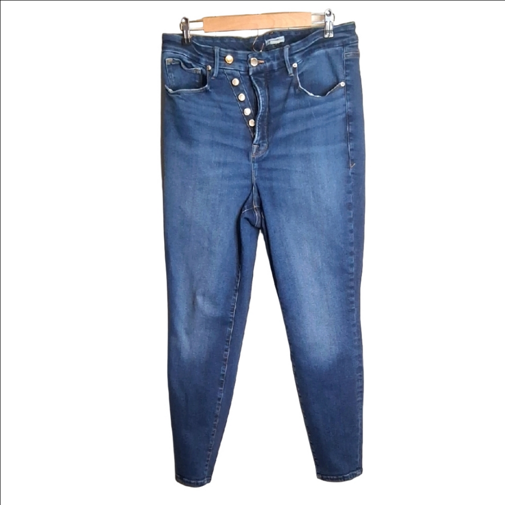 Good American Indigo Good Waist Asymmetrical Button Fly Skinny Jeans Size 16